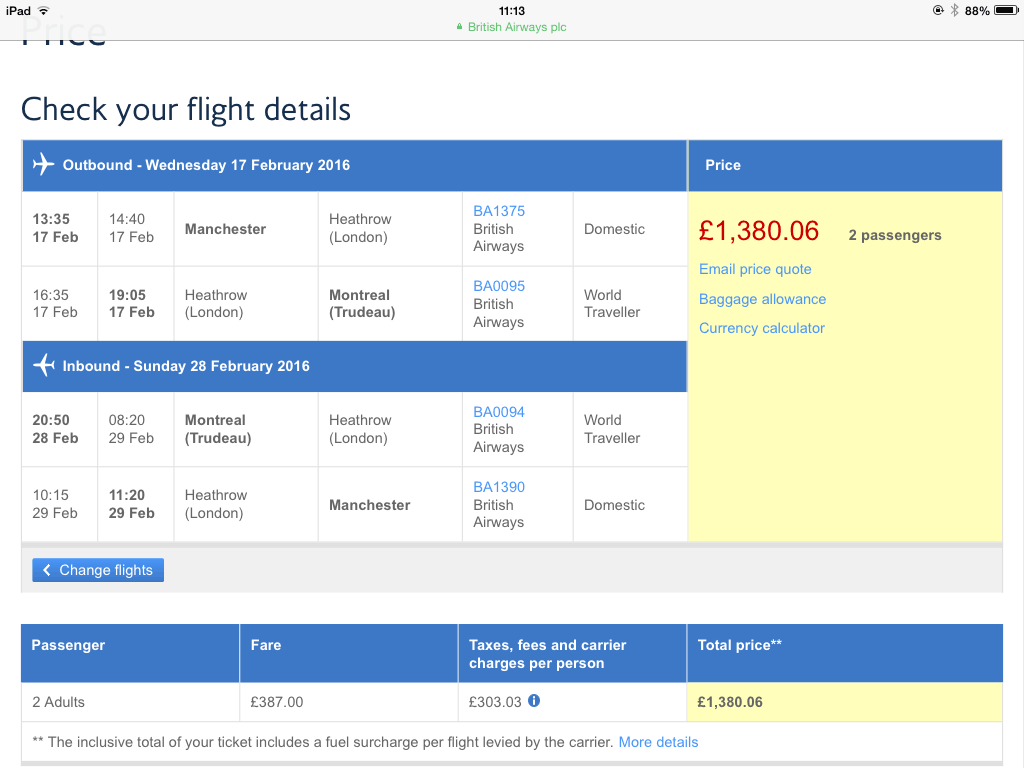 British Airways flights costs