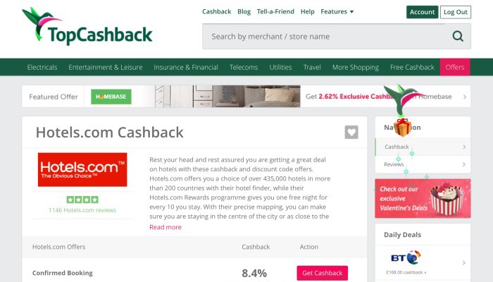 Hotels.com on the top Cashback store