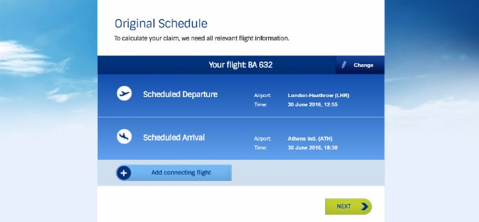 EUclaim flight details screen