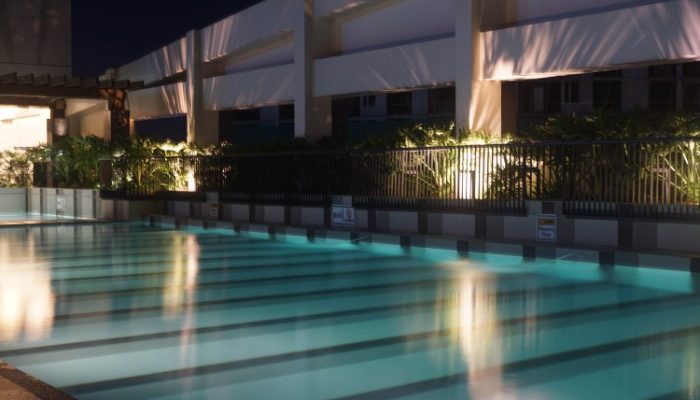 The gorgeous pool deck by night