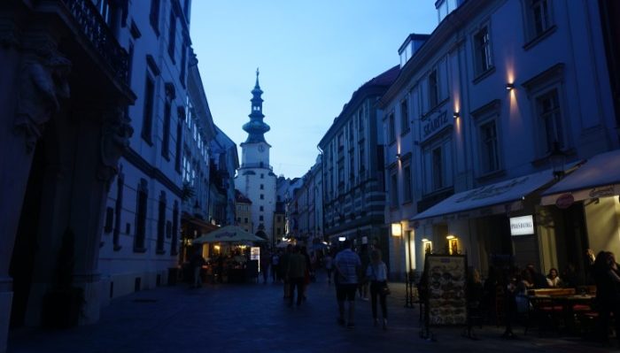 Bratislava street scene by night