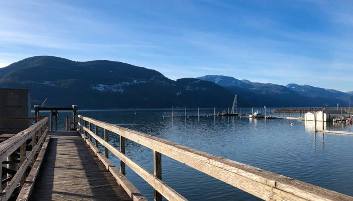 a wooden dock with a body of water and mountains in the background