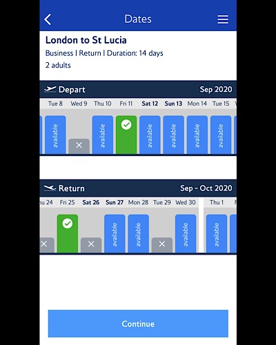 BA screenshot showing date availability for St Lucia