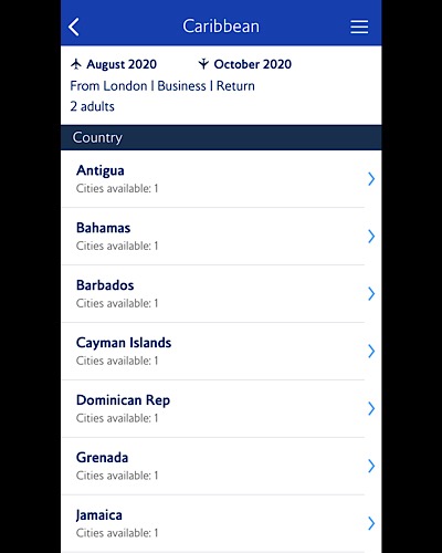 BA screenshot showing business class availability