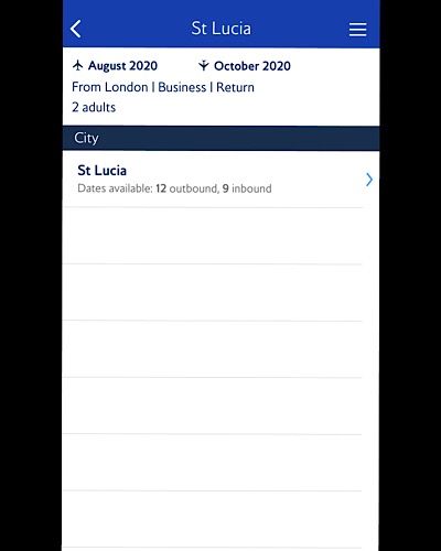 BA screenshot showing flights to St Lucia