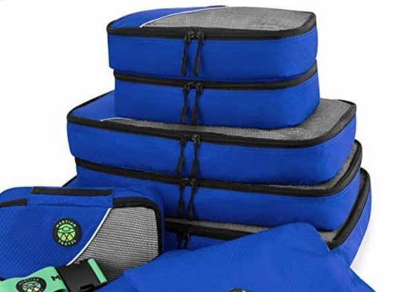 a stack of blue luggage
