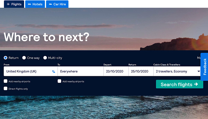 Skyscanner search for cheap flights to anywhere