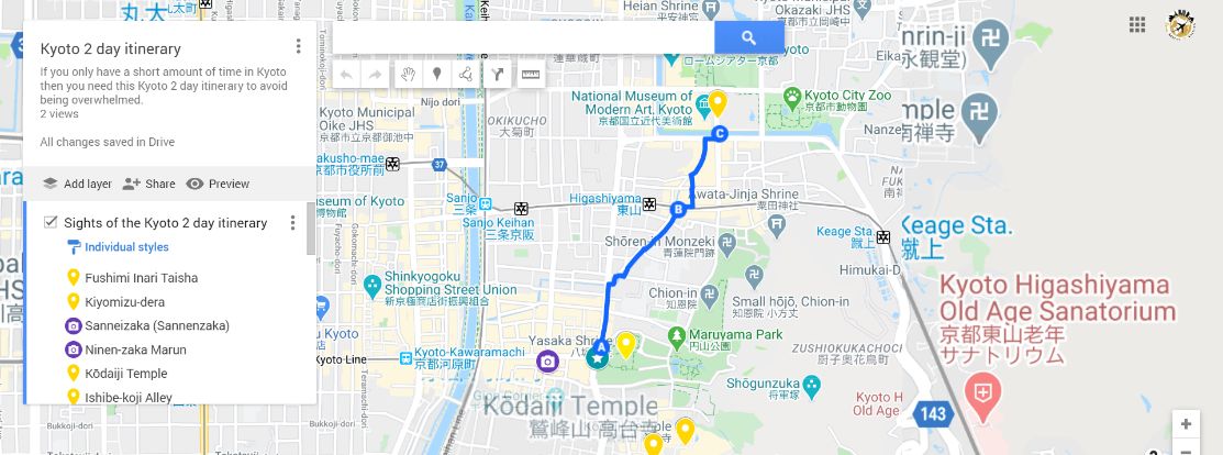  Kjóto 2 denní itinerář pěší trasa