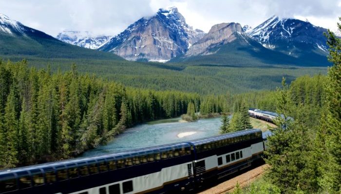 The Rocky Mountaineer train in the mountains