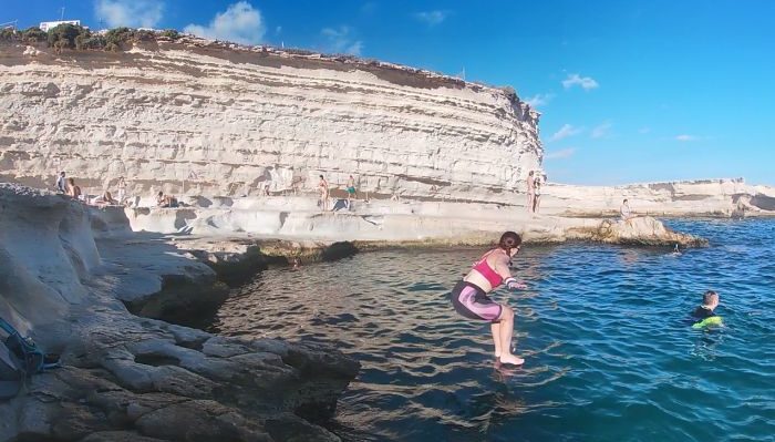 Jumping into St Peter's Pool Malta