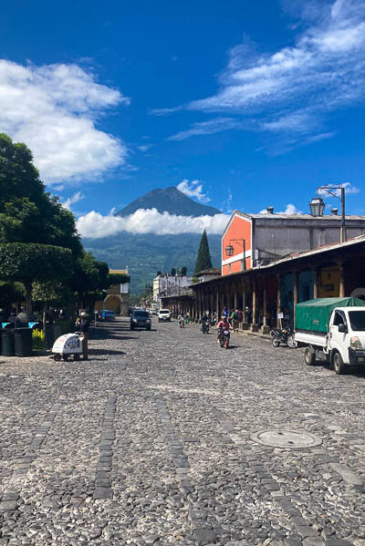 One of the squares of Antigua with views of Agua volcano