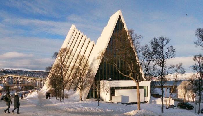 Tromso cathedral surrounded by snow