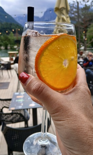 a hand holding a glass of water with a slice of orange