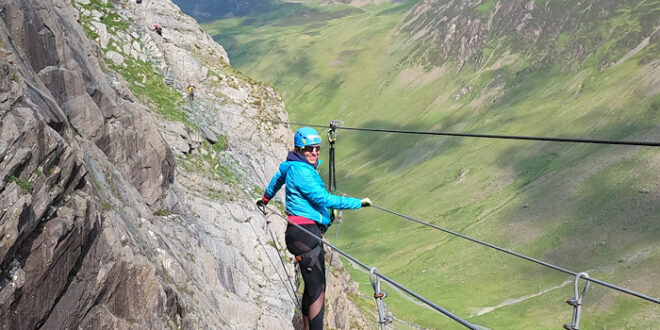 me wearing a helmet and climbing gear on a cliff